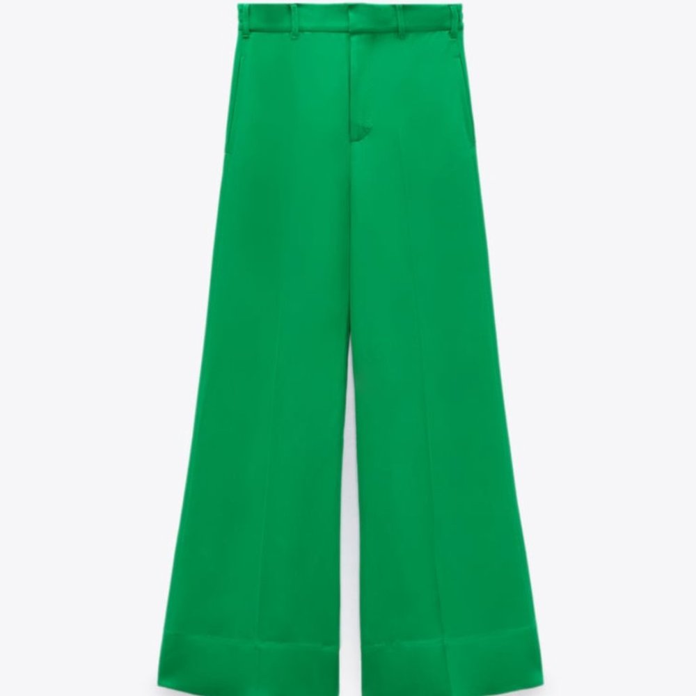 NWT Green Flowy Wide Leg Hi-Rise Pants w/ Topstitching Details, M